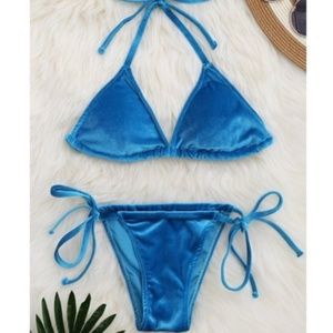 Blue velvet string adjustable bikini